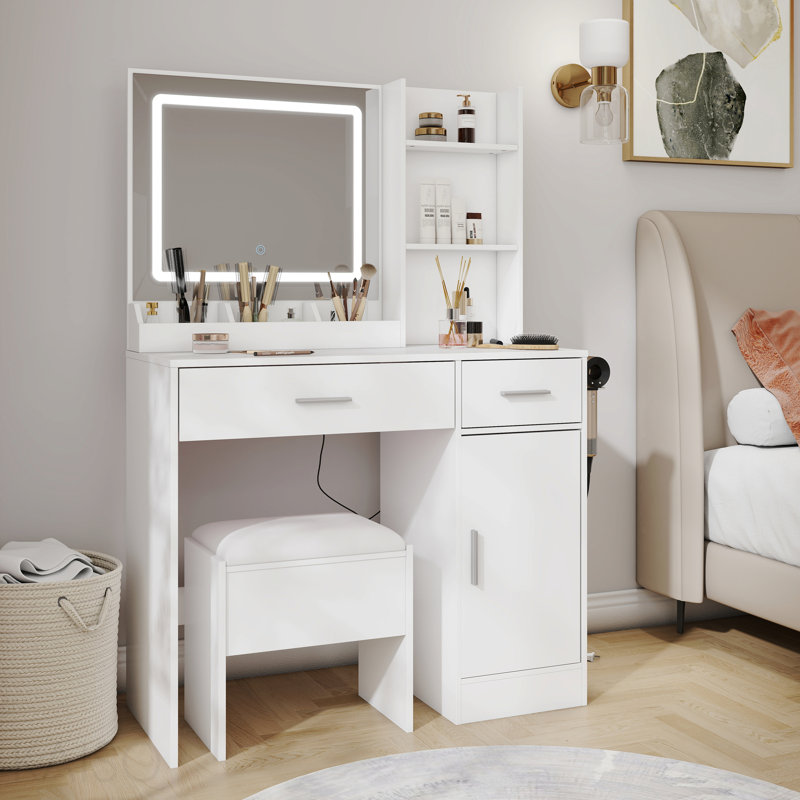 Ensemble de coiffeuse maquillage, coiffeuse avec tabouret, miroir lumineux à DEL et station de charge, blanc, White