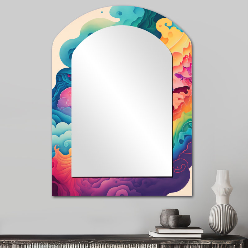 Multicolore Swirly Clouds VI - abstrait miroir spirales murales, miroir décoratif asymétrique rose, impression d'art en métal