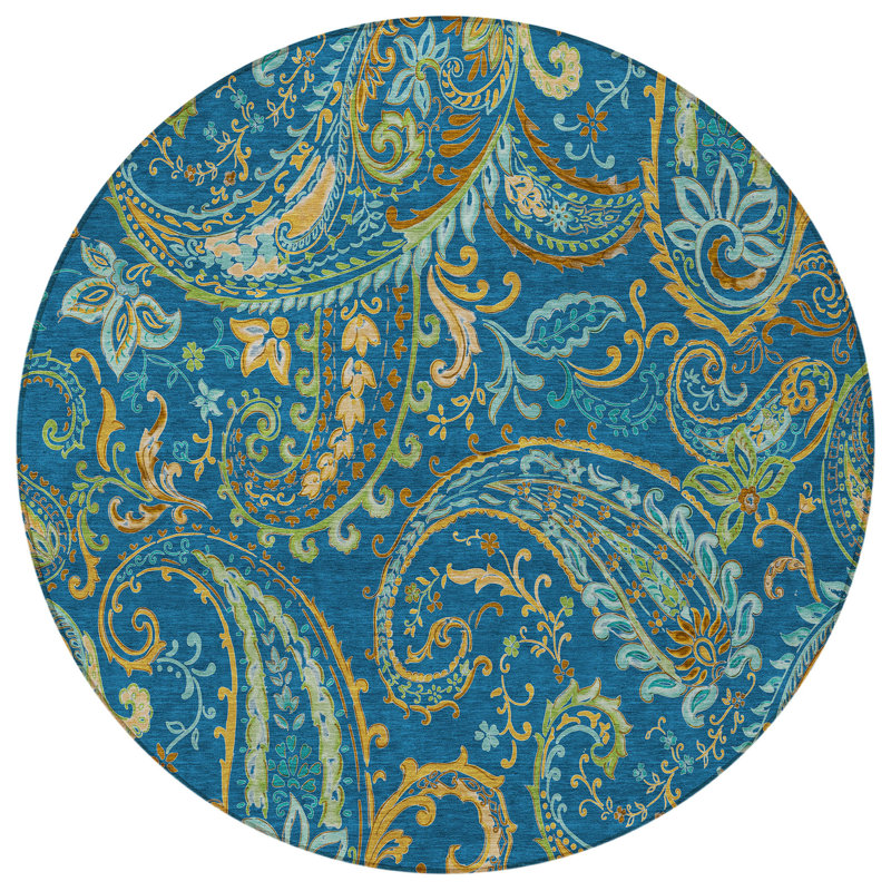 8' Teal Machine Woven Uv Treated Animal Print Indoor Outdoor Round Area Rug