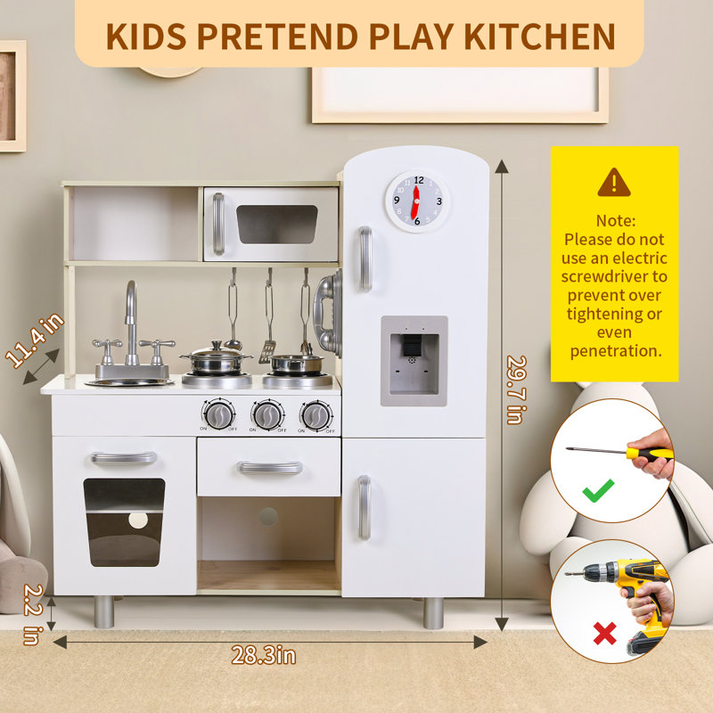 Kids Kitchen Playset, Preschool Cooking Kitchen, Toddler Wooden Pretend Play Toy w/Fridge, Stove, Cookware Utensil, Phone, Clock, Water Dispenser, Cabinet, Little Chef Toy Kitchen Set