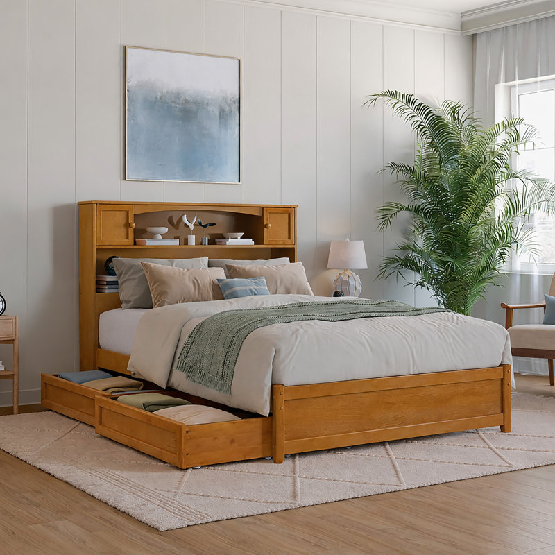Lit plateforme avec rangement en bois Denver, Full, Caramel clair