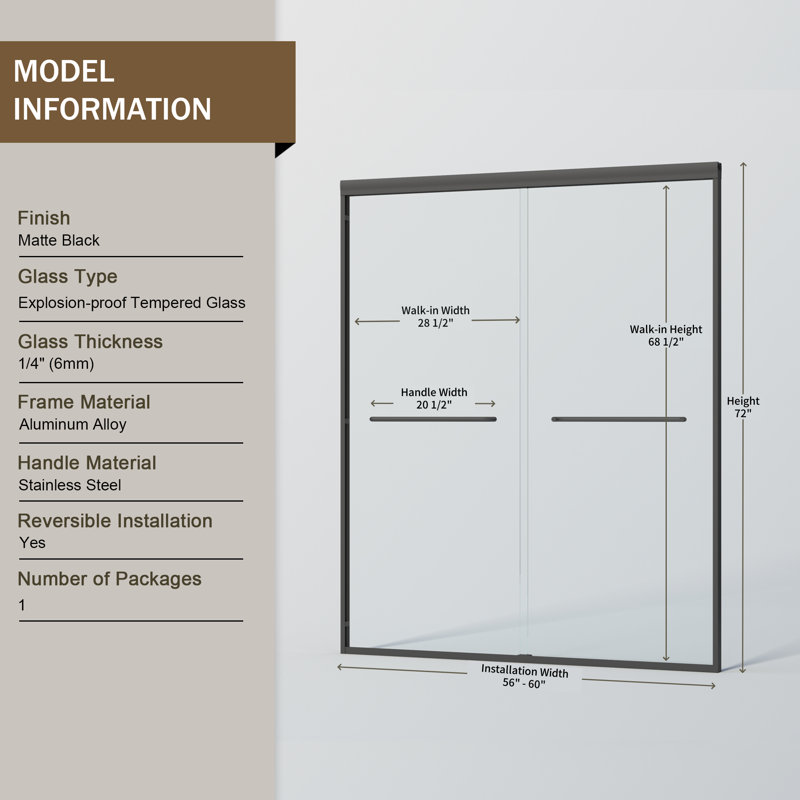 56 " - 60 " W x 72 " H Semi-Frameless Double Sliding Shower Door, 1/4" (6mm) Tempered Glass, Matte Black