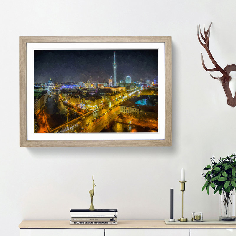 Berlin Germany Skyline in Abstract - Picture Frame Painting Print, 27cm H x 36cm W x 2cm D, Oak Framed
