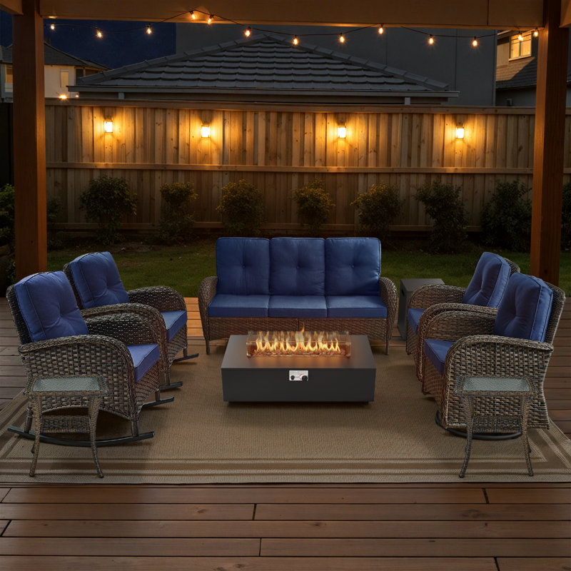8-Piece Outdoor Wicker Family Gathering Conversation Set With Rocking & Swivel Chairs And Fire Pit Table, Blue, Brown