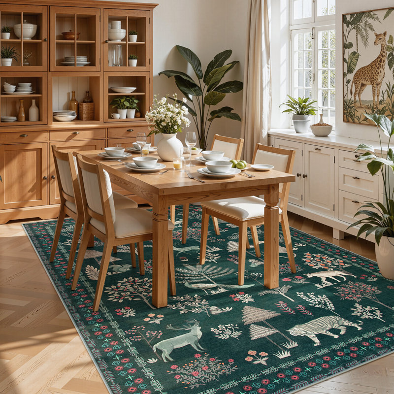 Garbrand Machine Washable Jungle Animal Washable Green Area Rugs For Living Room Bedroom- Low Pile Non Slip Soft Rug Ideal for Dining Room, Entryway, or Office Decor