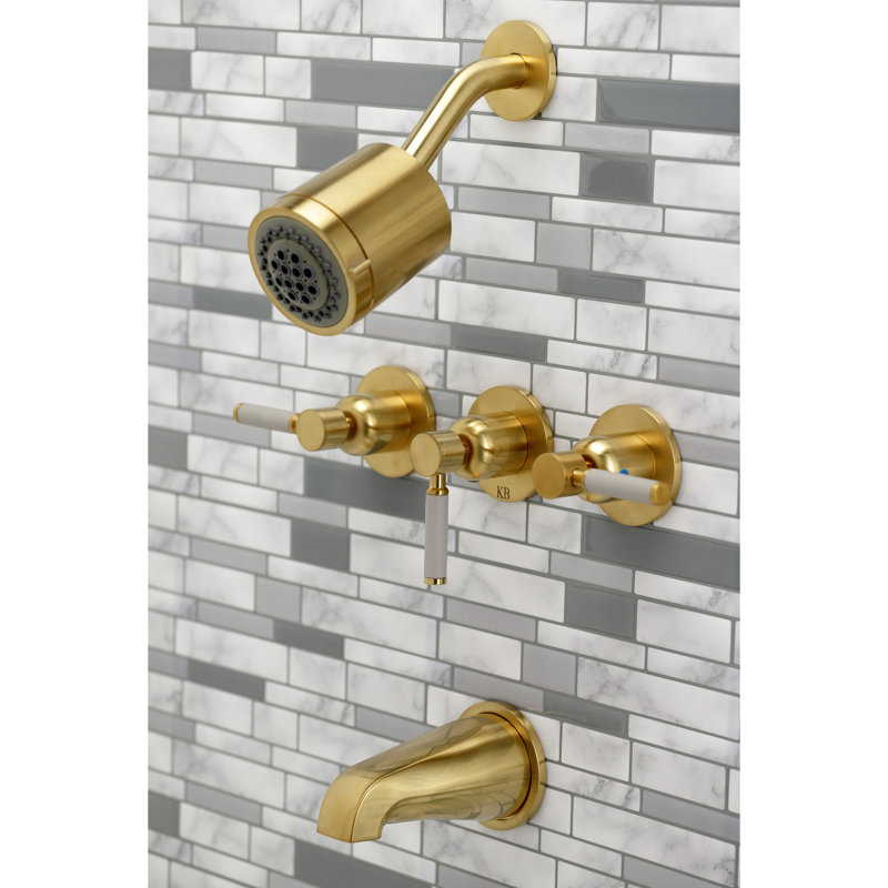 Robinet de baignoire et de douche à contrôle de volume à 3 poignées avec valve brute Kaiser, Laiton brossé