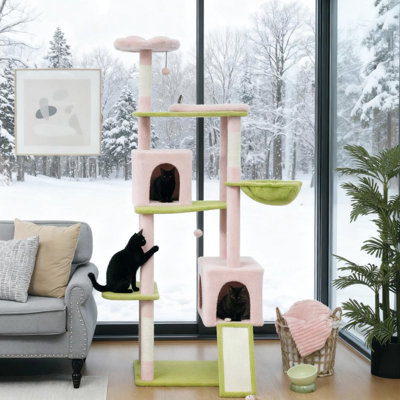 Grande tour pour chat de 74 po, motif floral, plusieurs aires de jeu pour 2 à 3 chatons, griffer jusqu'au meuble, sangle de pointe haute, griffes, housse en molleton doux