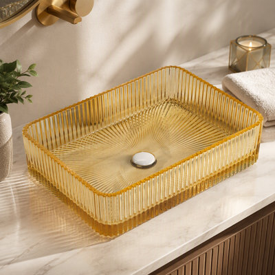Lavabo de salle de bain rectangulaire en verre cristal, or clair, 18 po, vasque sans robinet