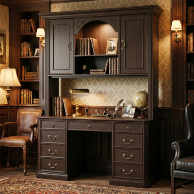 Bureau de 158 cm de large pour la maison avec bibliothèque intégrée, éclairage DEL tricolore et tablettes réglables