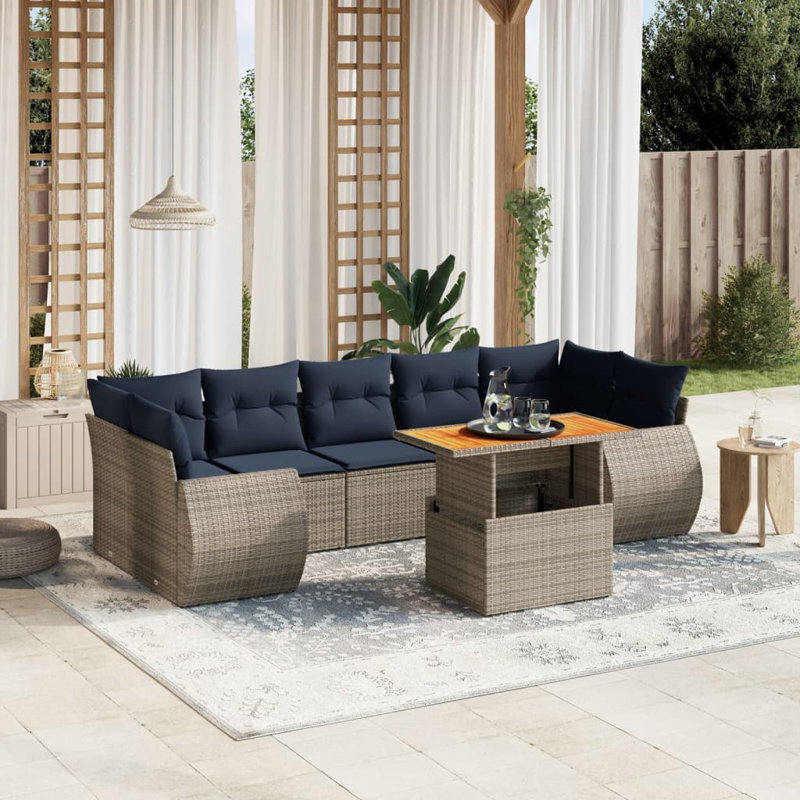  8 Piece Patio Sofa Set With Cushions Poly Rattan, Gray, Blue