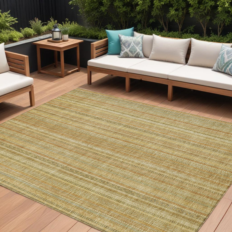 Tapis extérieur lavable rayé 10 pi x 14 pi doré et beige