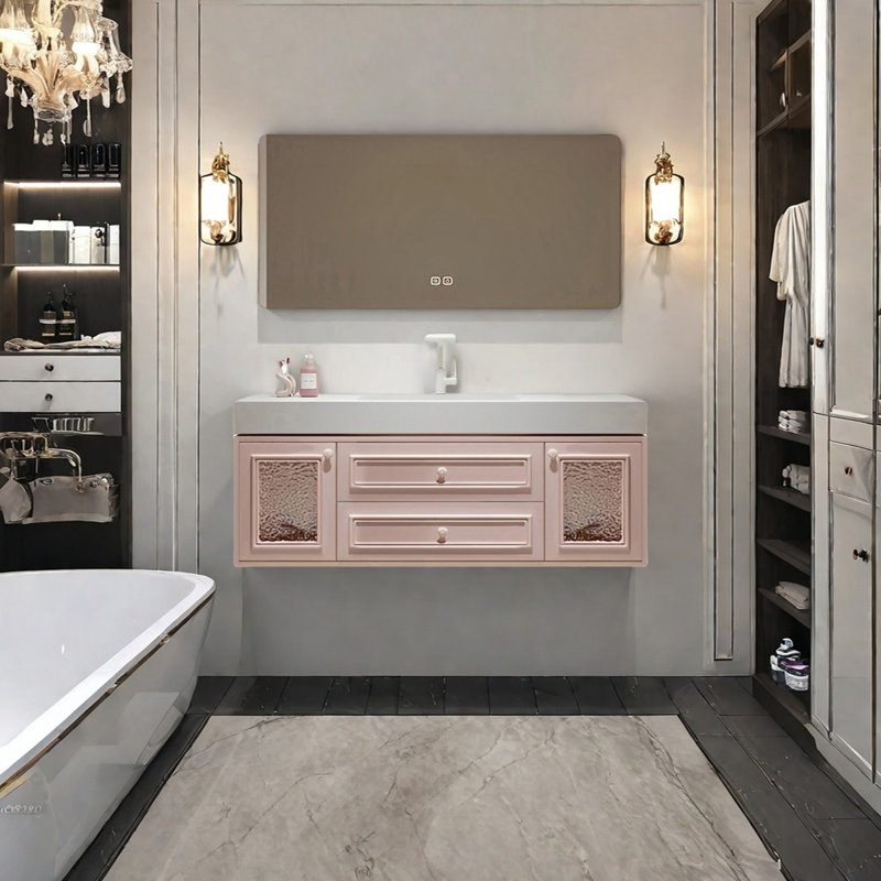 French cream style smart bathroom cabinet, 19.68" H x 55.11" W x 21.65" D, Light Pink