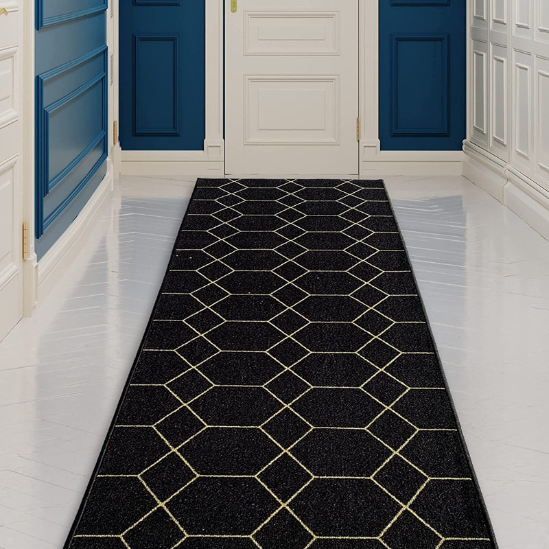 Custom Size Runner Rug Choose Your Length Hexagon Trellis Design Blackcolor, Runner 2'7" x 47'