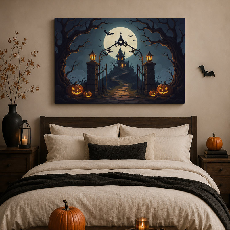 «Haunted House Under Full Moon with Glowing Halloween», art mural sur toile, 12"H x 18"W