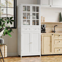 FOTOSOK Kitchen Pantry Storage Cabinet, Tall Cabinet with Rattan Doors and  2 Drawers, Freestanding Cupboard with Adjustable Shelves, Utility Pantry