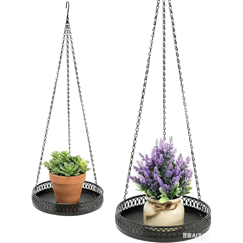 Jardinières suspendues en métal robustes pour plantes d'intérieur - support à plantes noir avec plateau et chaînes robustes, panier à plantes mural / plafond / fenêtre Boho moderne