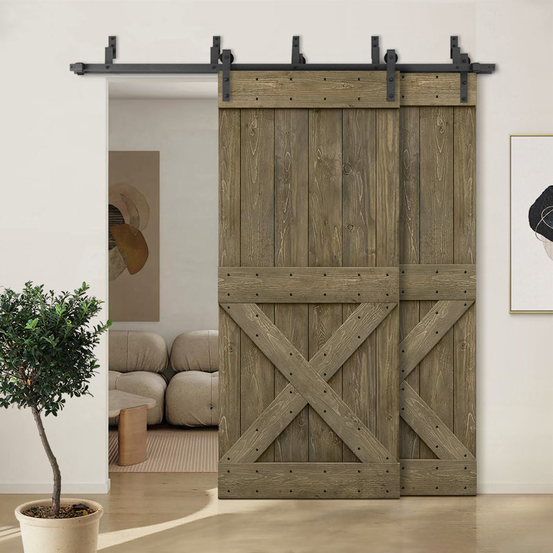 Porte de grange à double bricolage avec panneau coulissant en bois teinté Mini X Series, 64 po x 84 po, Tonneau vieilli
