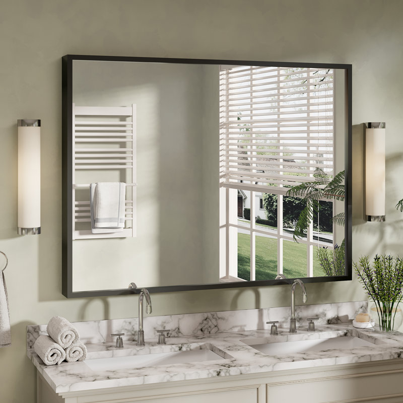 Molly Tempered Glass and Metal  Alloy Square-Corner Framed French Cleat Mounted Wall Bathroom / Vanity Mirror, 48" x 36"