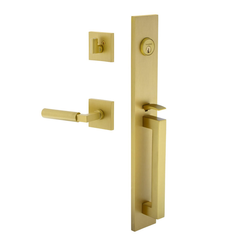 Viaggio Quadrato One-Piece Handleset With D Grip With Quadrato Rosette And Contempo Smooth Lever, Left, 2.375", Satin Brass