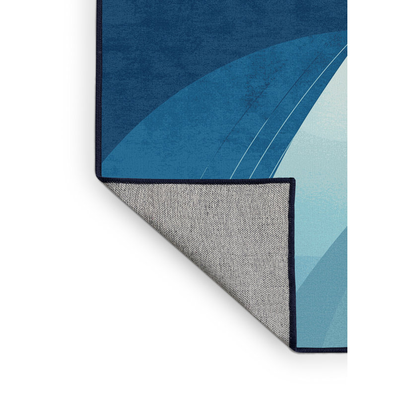 Machine Washable Hambrook Pole Vault Sleek & Chic Modern Arc Rug in Blue – Navy Binding, 2x4