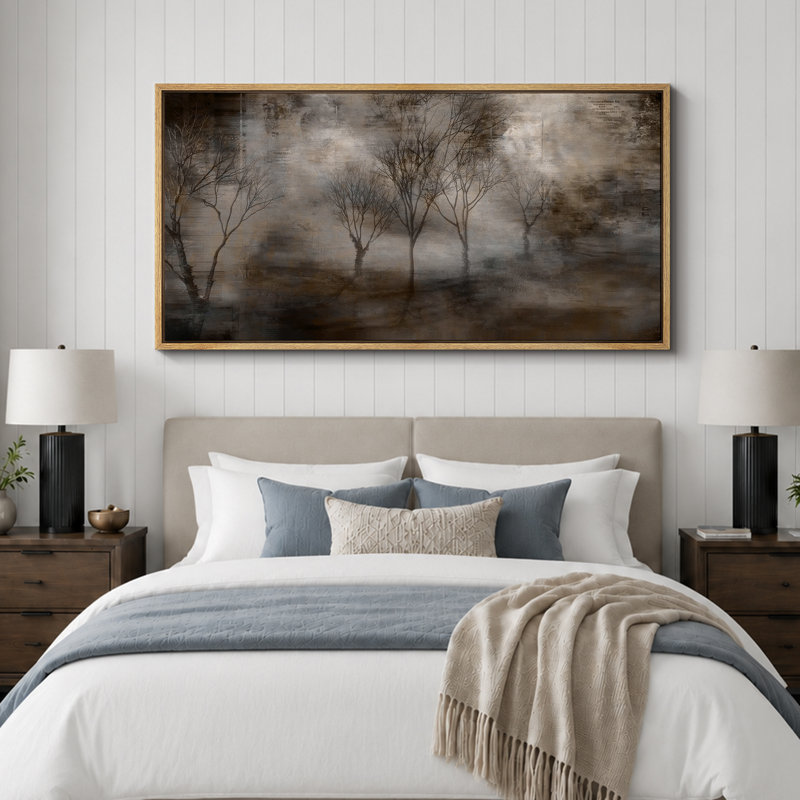 Paysage de forêt brumeuse avec arbres dénudés, tons neutres, décor rustique naturel, très grand format, impression sur toile encadrée