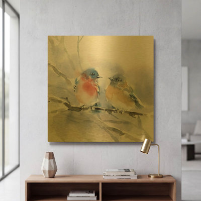 «Bluebird pair» par Katrina Pete, art mural en métal doré, 24 po x 24 po