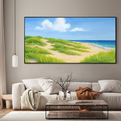 Très grand art mural bord de dune côtière - impression de paysage de plage lumineuse avec vue sur le ciel bleu et l'océan pour le décor du salon ou de la chambre à coucher, très grande impression murale encadrée (assemblage requis)