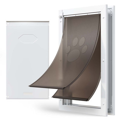 Porte pour animaux, passage facile pour les chiens, très grande, robuste et résistante aux intempéries, pour portes intérieures et extérieures, facile à installer, blanche, avec double fermeture magnétique et cadre en métal