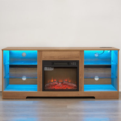 TV Stand Electric Fireplace TV Stand With Glass Shelves, 3D Fireplace TV Stand With LED Lights Wood With USB Charging Outlet Modern Television Table Center For TV Up To 32-62" OAK 58'W*15.4''D*24.4