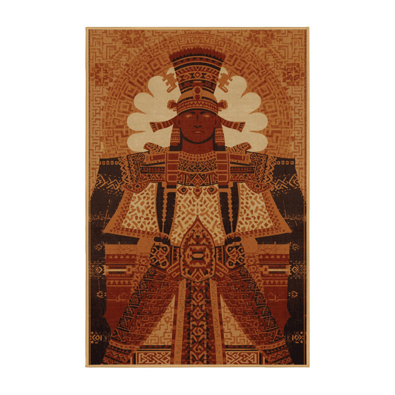 Soft Plush Barreto Mayan Warrior Global Inspired Oriental Area Rug in Brown – LightBrown Binding, 4x6