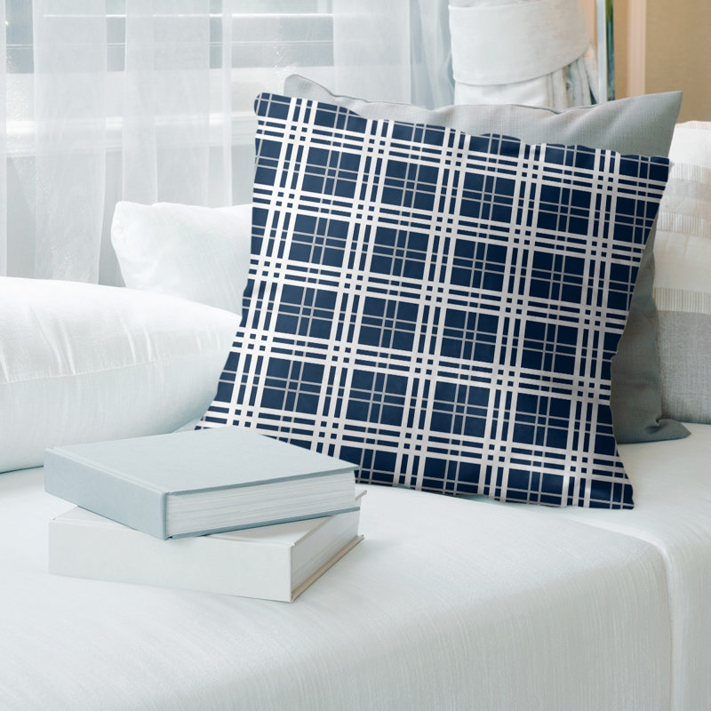 Housse de coussin carré et insert, 26 po x 26 po, Bleu nautique / argent nouveau siècle / blanc, Mélange de coton