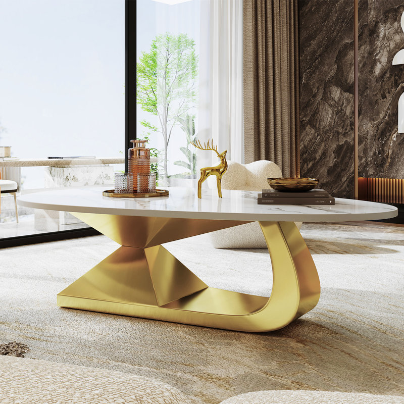 51.2'' Marble Oval Coffee Table,Luxury Living Room Table, White Coffee Table with Gold Base, Modern Center Table for Office