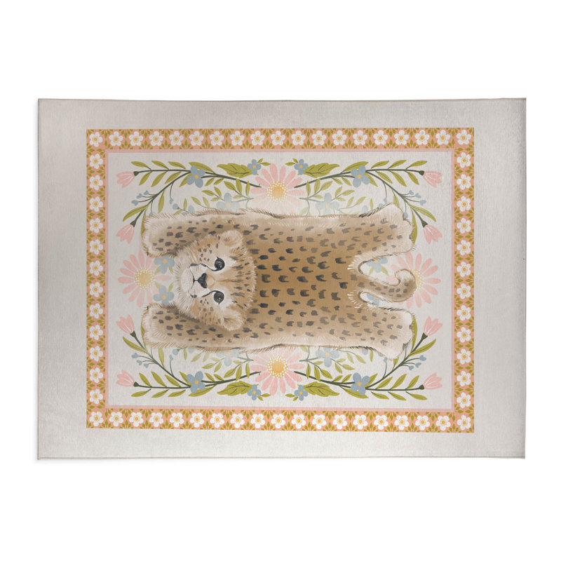 Lil Lying Leopard Flowers Kids Play Mat, Rectangle 5' x 7', Ivory