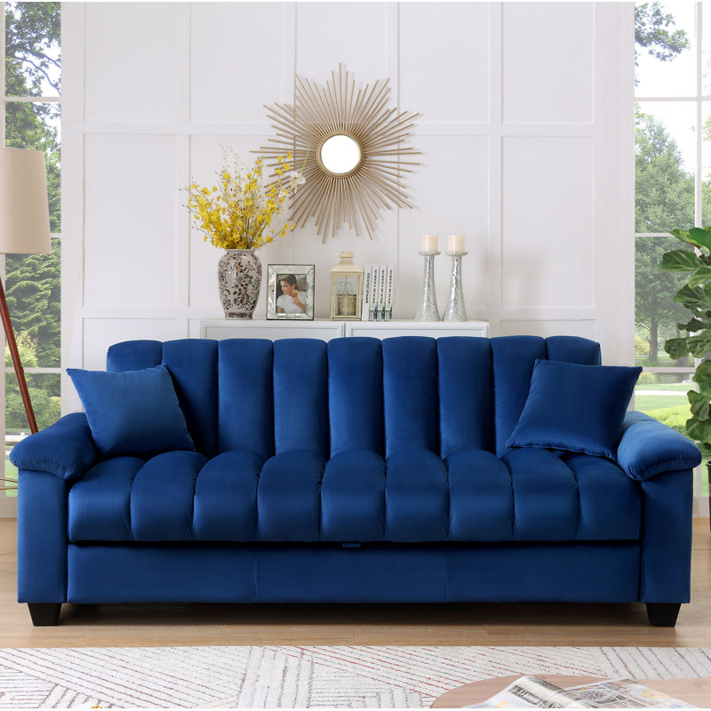 Cesella 83" Velvet Pillow Top Arm Convertible Sofa Bed with Storage, Blue