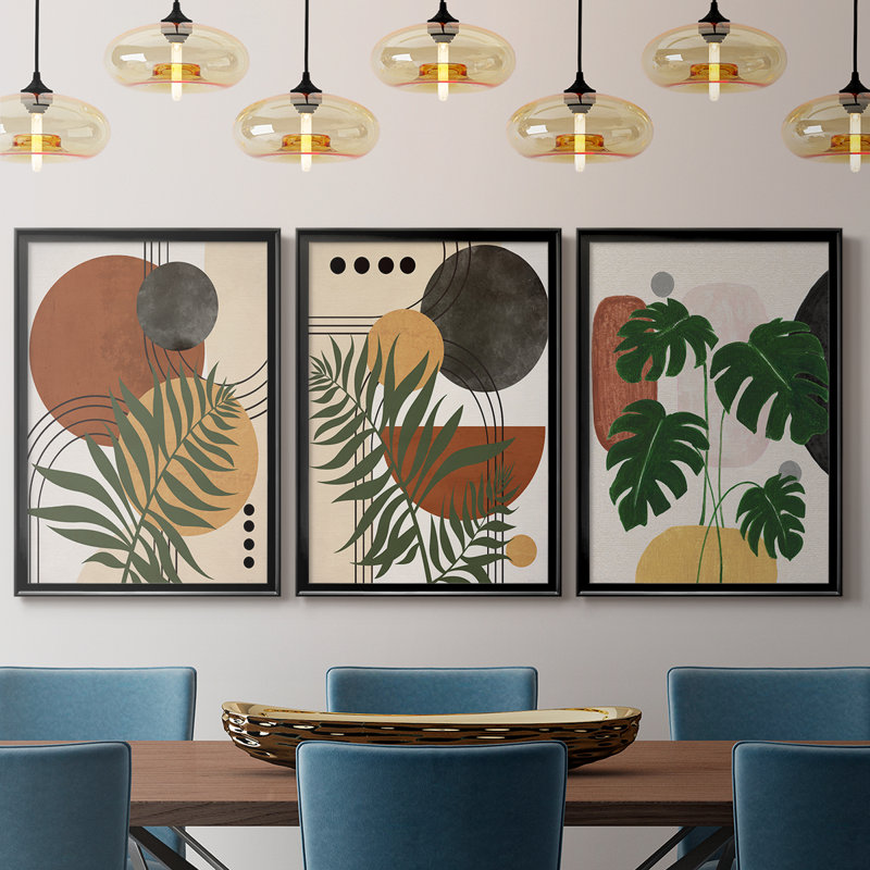 Contemporary Palm I - Toile tendue avec châssis sur mesure - 3 pièces, H 19 po x l 45 po, Noir, noir, noir, noir