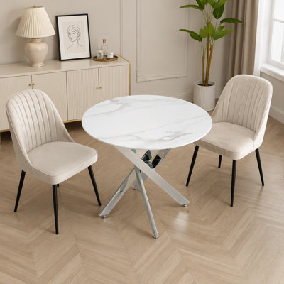 Modern Round Glass Table, 35.43 inches Of Granite With A Metal Frame.Kitchen Table Set For Dining Room, Party Table,Conference Table,Living Room,Office,Cafe,Home Kitchen,Bedroom