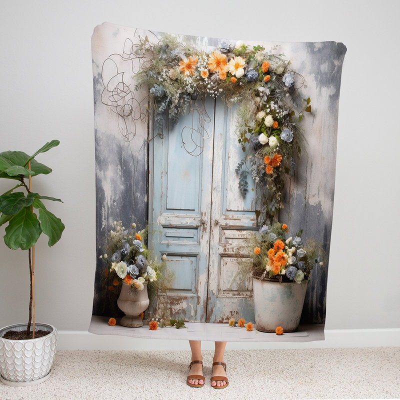 Throw Blanket, 68" W x 80" L, Floral/Abstract, Gray/Orange