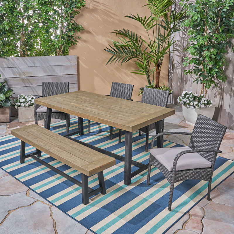 Lugenia 6 - Person Acacia Wicker Patio Dining Set with Rectangular Table , Cushions Included, Gray