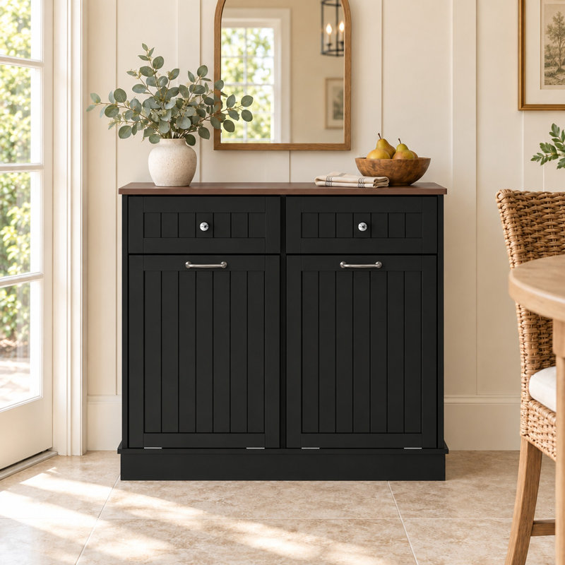 Meuble de poubelle basculant de style champêtre avec tiroir de rangement, en bois, d'une capacité de 38 litres (10 gallons), idéal pour la cuisine et la buanderie - Noir/Une porte