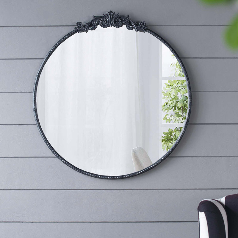 32" Black Round Mirror with Baroque-Inspired Detailing