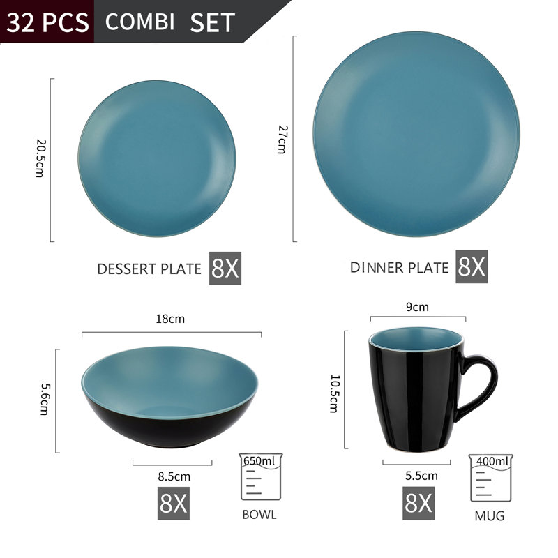 32 Piece Stoneware Dinnerware Set - Service for 8, Blue