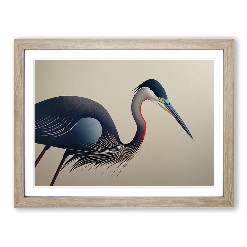 XH1022-1573X Bold Heron Bird - Single Picture Frame Print, 46cm H x 64cm W x 2cm D, Oak Framed