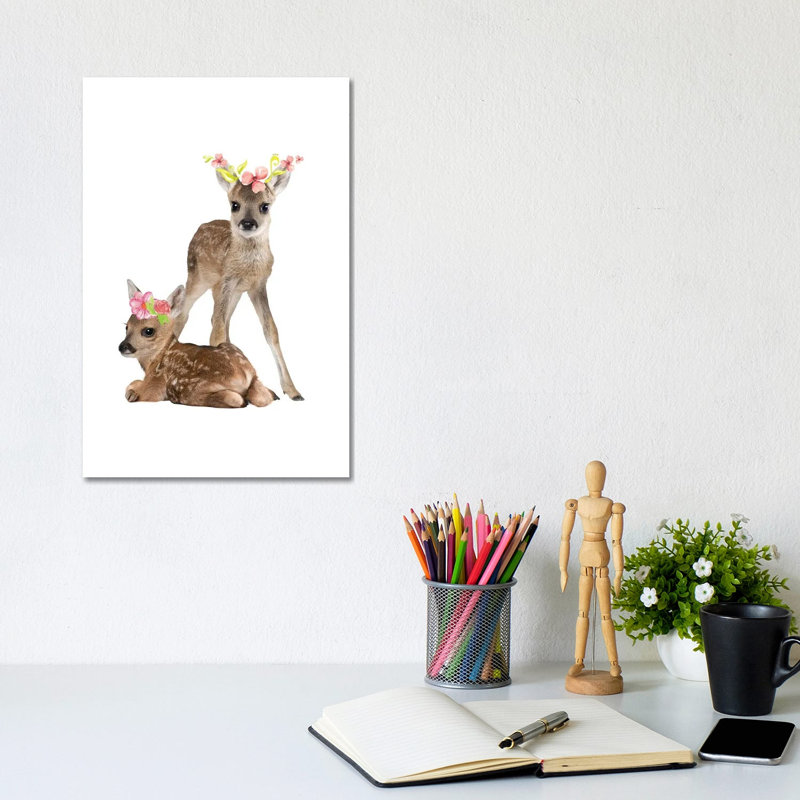 Fawn Deers Photography With Watercolour Flower Crowns by Design Harvest - Wrapped Canvas Print, 20.32 cm H x 30.48 cm W
