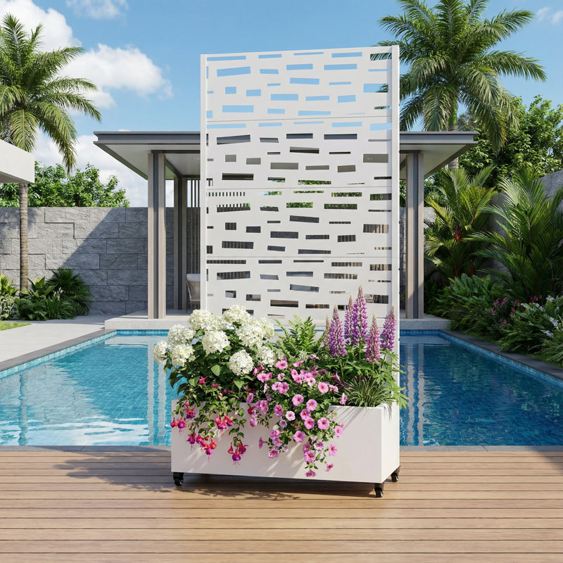 Boîte à fleurs en métal avec treillis et roues, H 72 po x l 35 po x P 16 po, Blanc