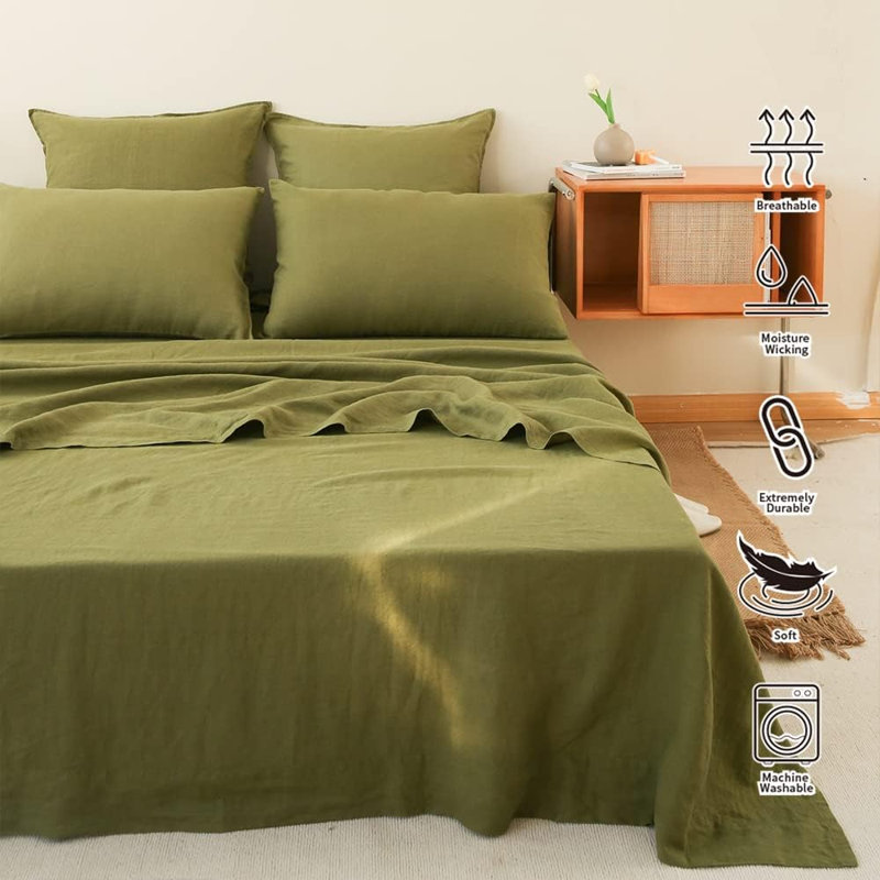 Simple&Opulence 100% Linen Sheet Set, King Sheet Set with 2 Pillowcases, Olive Green