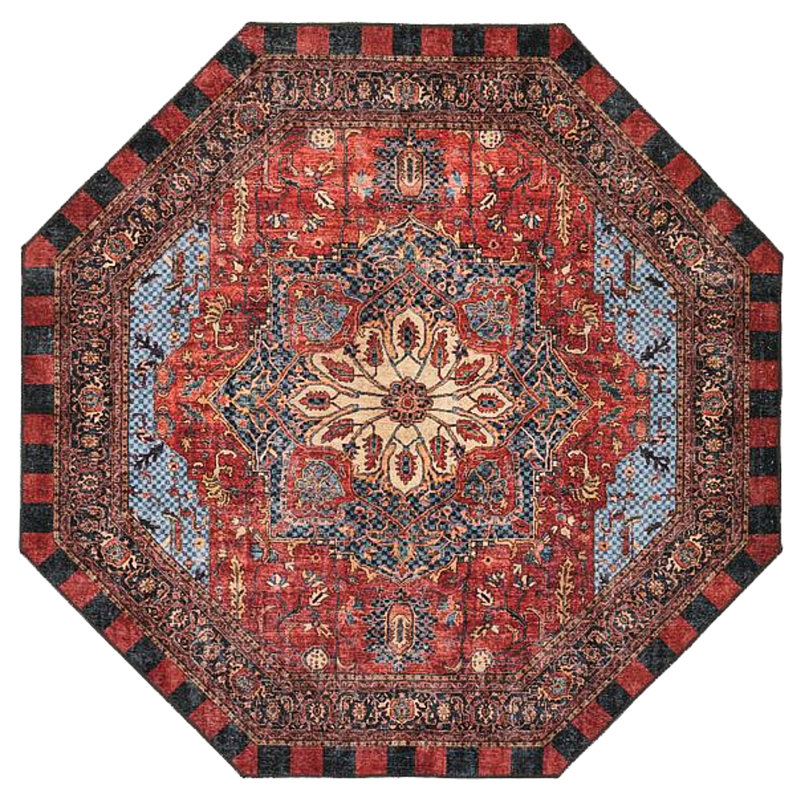 Heriz Checked Red Washable Rug, Octagon 6'