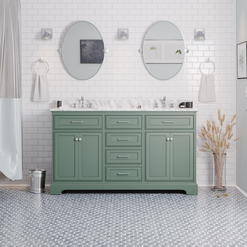 Ensemble de meuble-lavabo double 60 po Ronnie, Marbre de Carrare, Vert sauge
