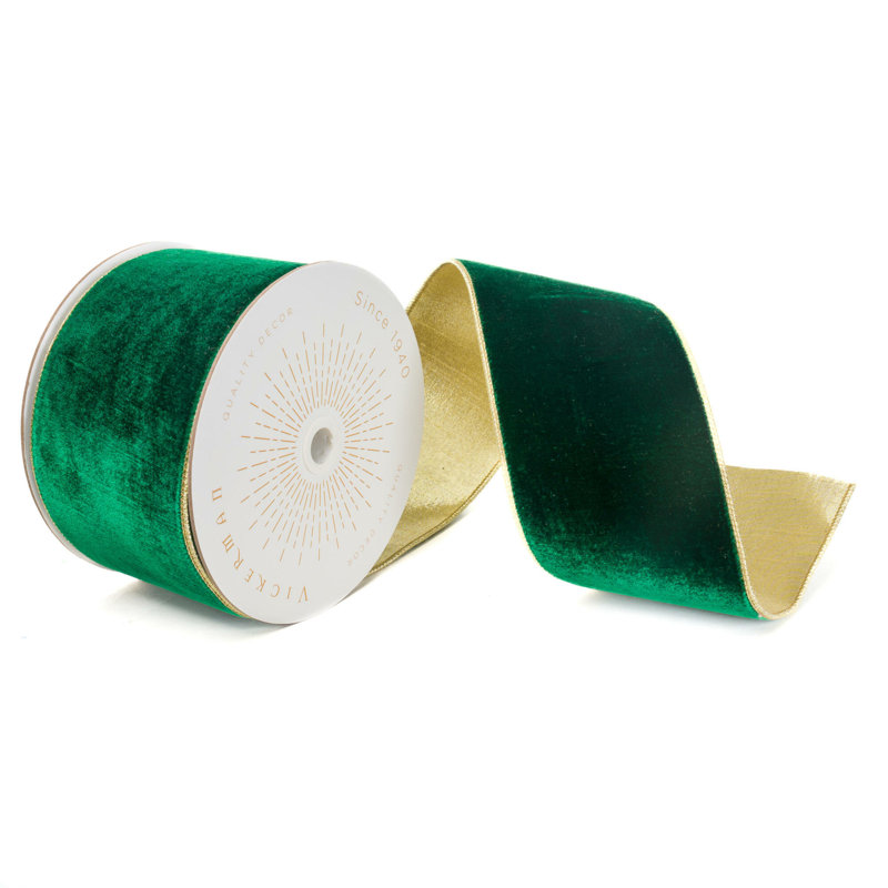 Vickerman 10 Yds Velvet with Gold Trim/Backing Ribbon., 0.2" H x 360" W x 2.5" D, Emerald