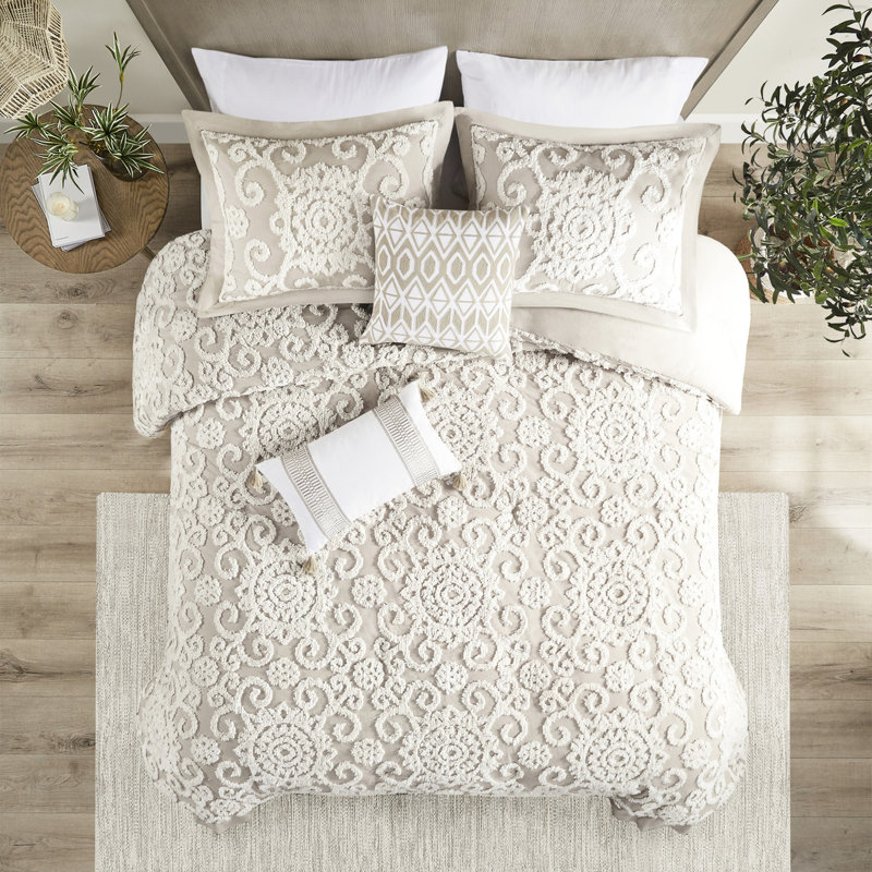 Housse de couette en coton taupe avec ornement captivant, Taupe, Housse de couette double et 2 taies décoratives