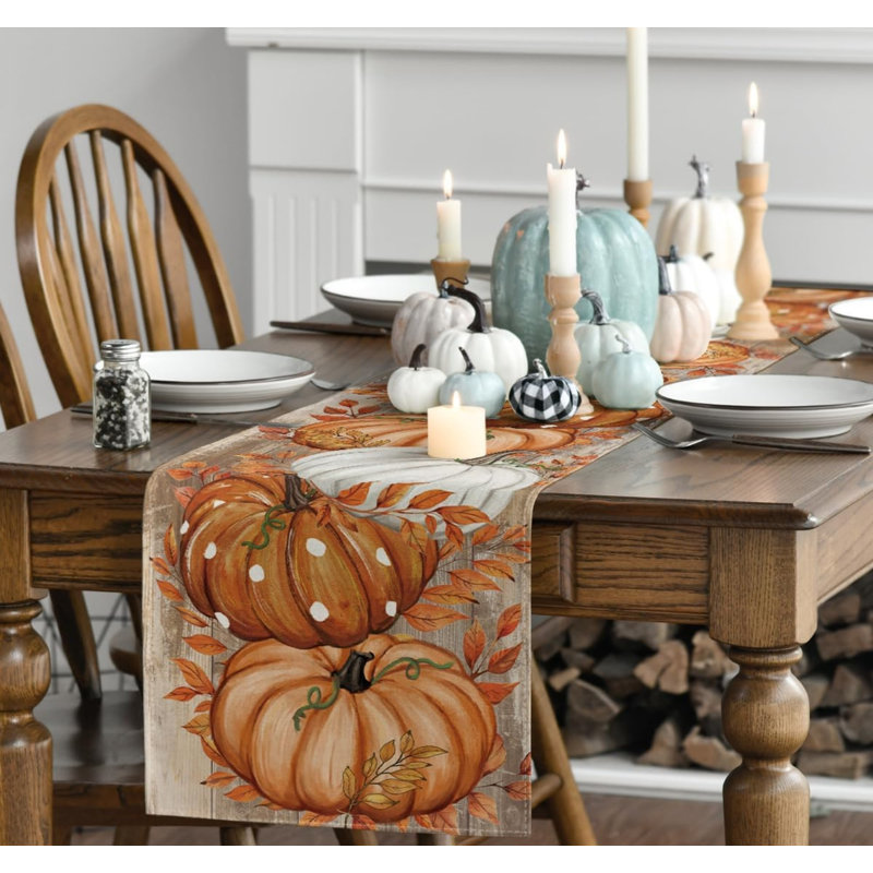 Orange Pumpkins Leaves Woods Autumn Table Runner 40x140 cm | Seasonal Fall Kitchen Dining Table Decoration for Home Party Decor